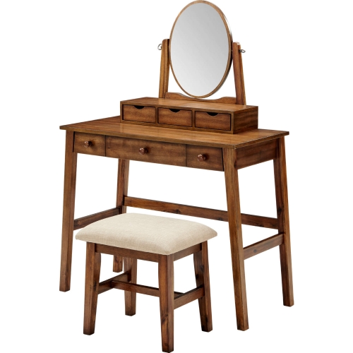 Lorna Bedroom Vanity Set in Walnut Finish Wood & Neutral Fabric